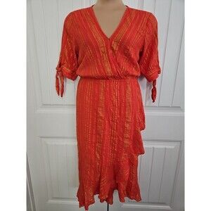 Michael Kors Women's Orange Gold Metallic Stripe V-Neck Faux Wrap Dress Size XL